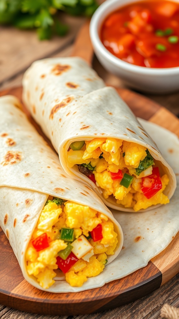 Savory egg wrap filled with scrambled eggs, cheese, and vegetables, served with salsa on a wooden table.